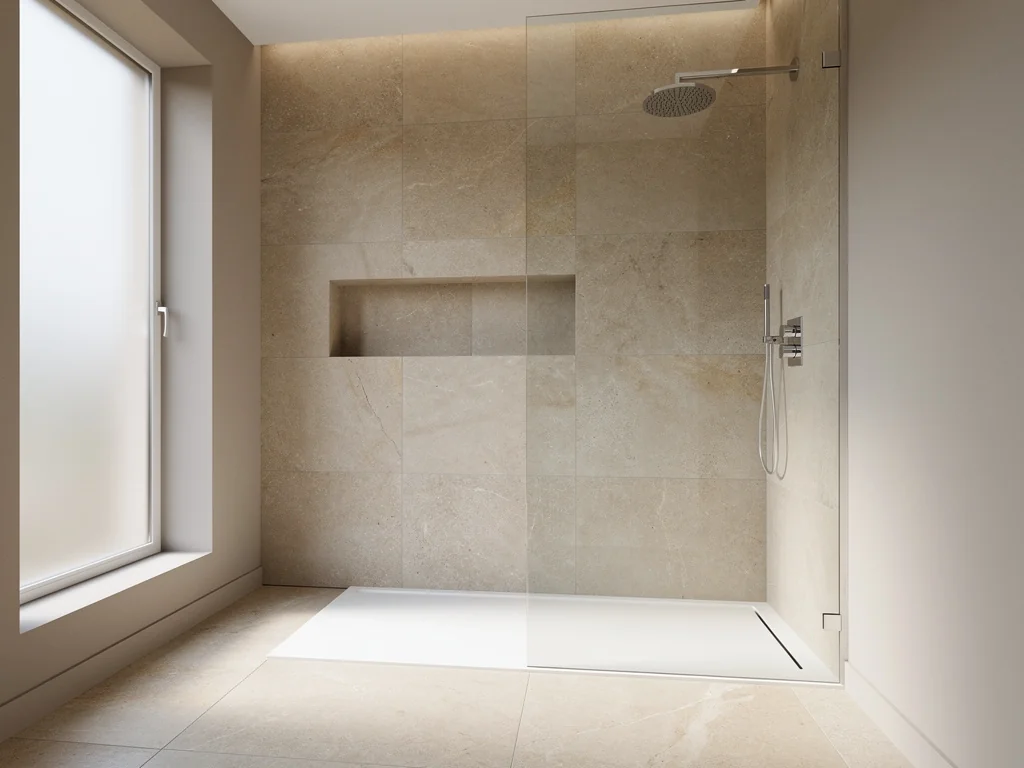 Douche à l'italienne avec receveur extra-plat, paroi vitrée et grand carrelage beige
