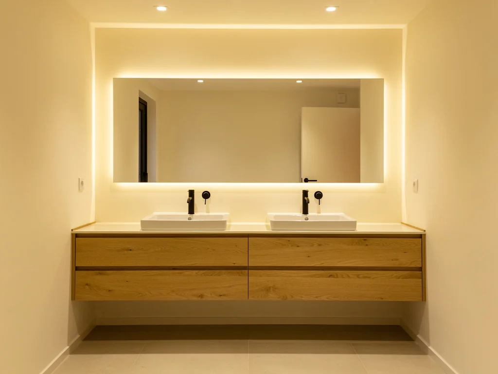 Meuble de salle de bain suspendu en bois et double vasque sous un miroir rétroéclairé