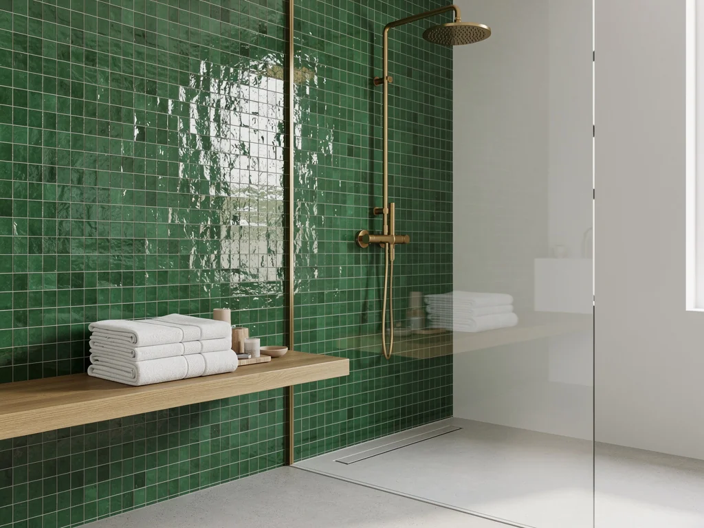 Douche à l'italienne habillée de zellige vert et robinetterie en laiton brossé