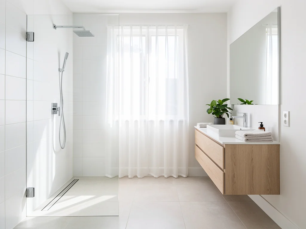 Salle de bain familiale lumineuse rénovée, tons blancs et bois clair