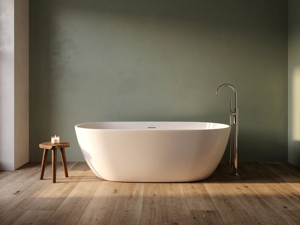 Baignoire îlot ovale au centre d'une salle de bain aux murs vert sauge