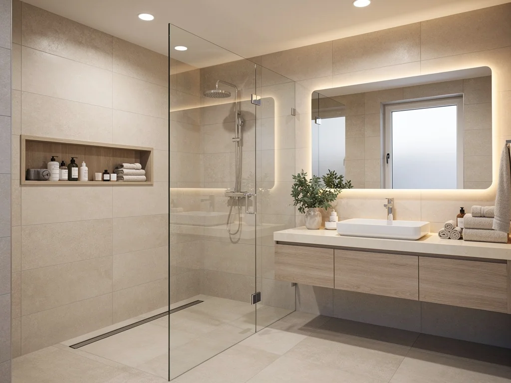 Salle de bain contemporaine avec niches de rangement intégrées et miroir rétroéclairé
